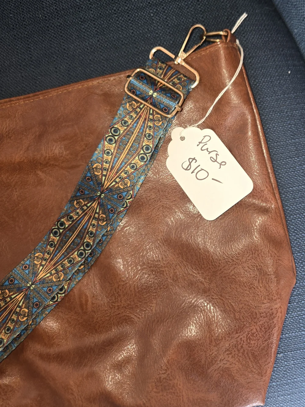 Faux Leather Crossbody Bag with Patterned Strap - Brown